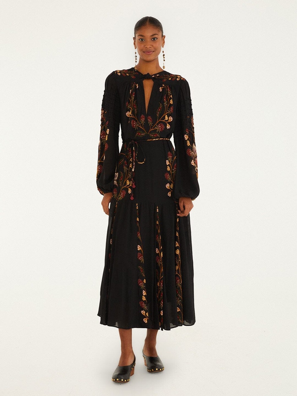 Farm Rio: Black Berry Garden Long Sleeve
Pleated Maxi Dress